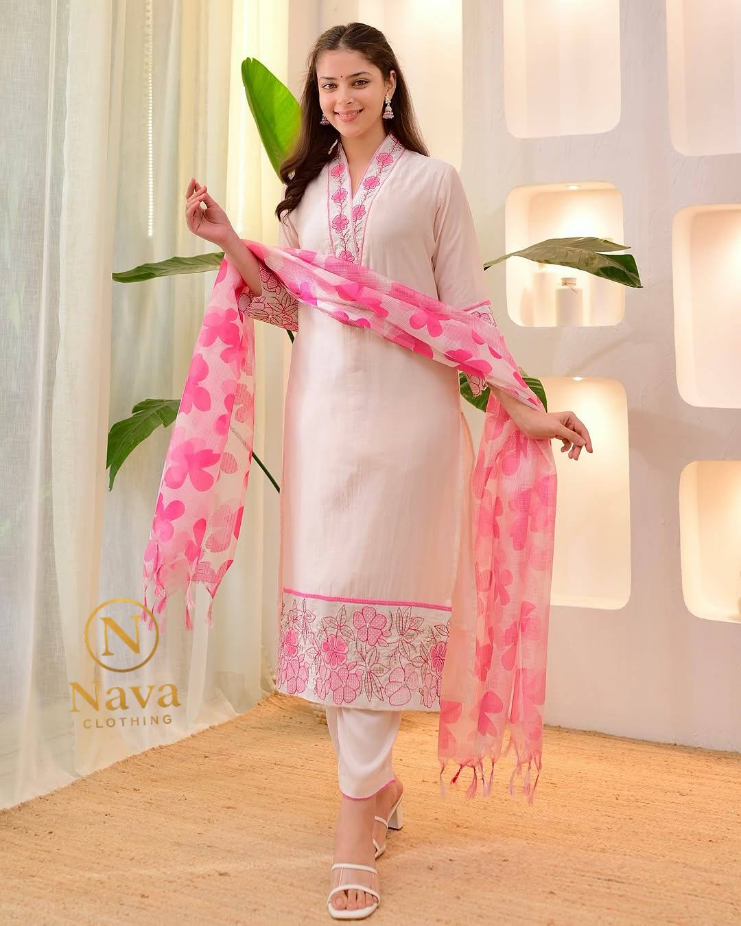 নরম কটন, হালকা পিঙ্ক টাচ আর ফুল এমব্রয়ডারি ডিজাইন