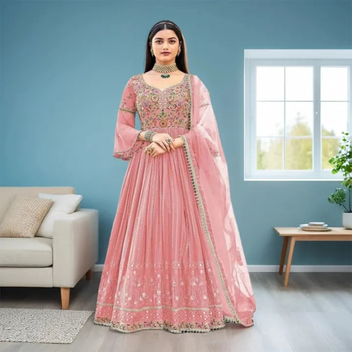 Georgette Embroidery Semi-Stitched Party Long Gown for Women